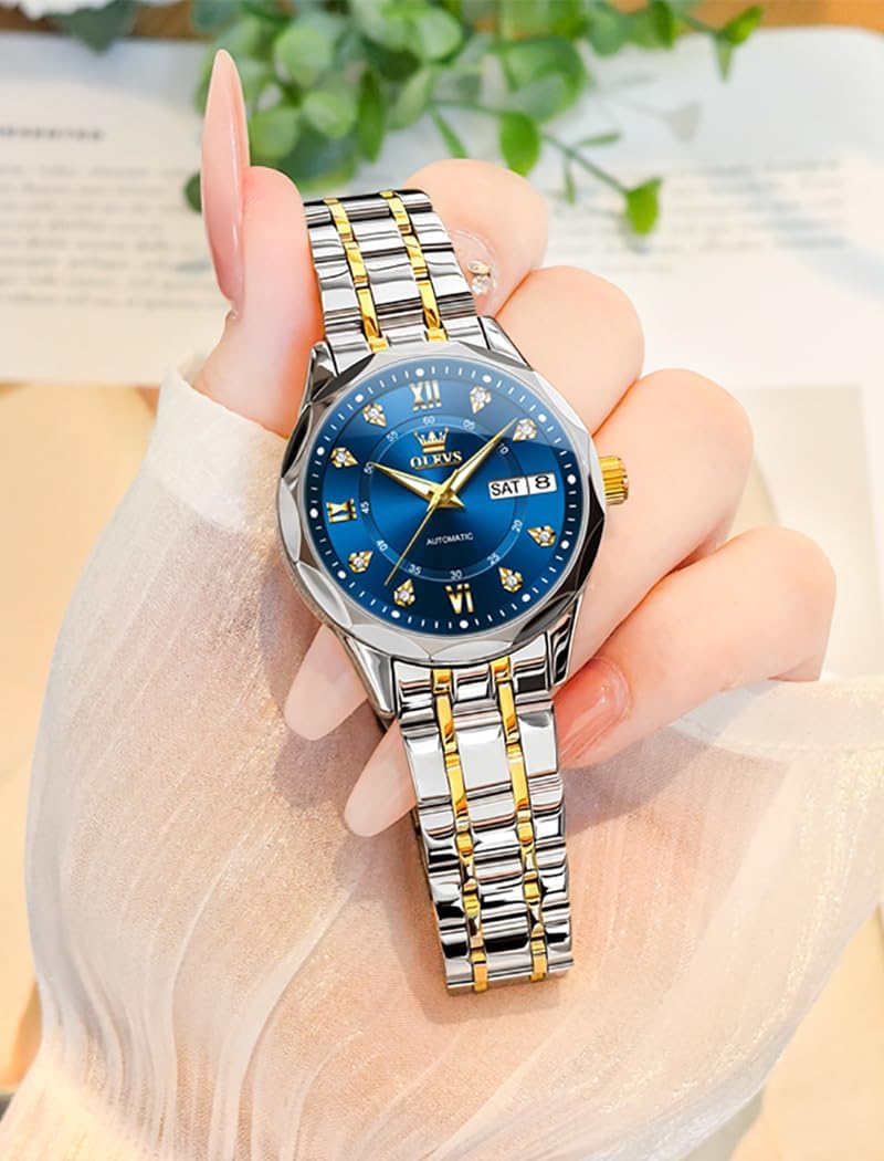 OUPINKE Women's Automatic Mechanical Watch Diamond Dial Casual Dress Watch Self Winding Day Date Waterproof Stainless Steel Band
