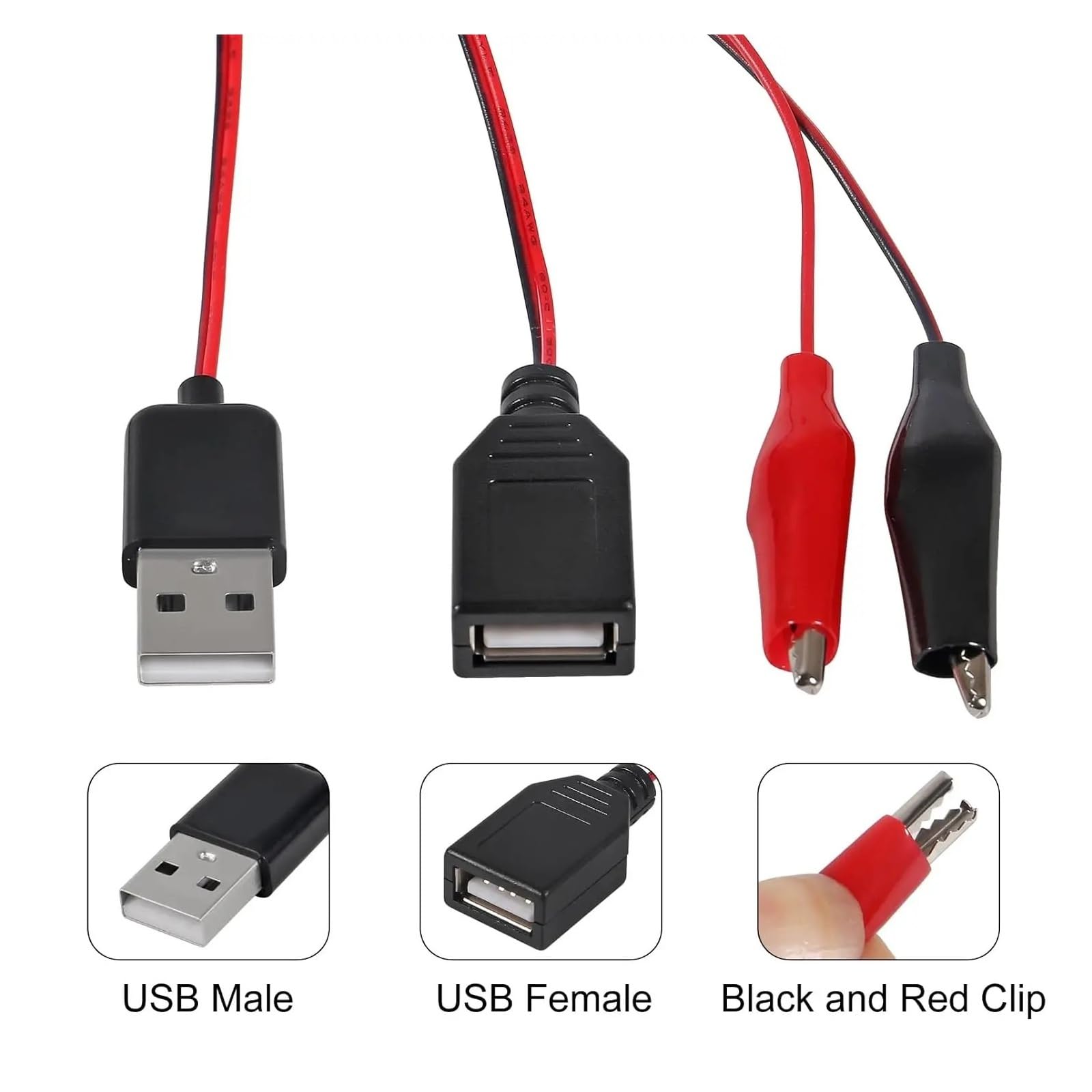 USB A do Crocodile Clip Test Cable 58 cm Red Black 2-Pack
