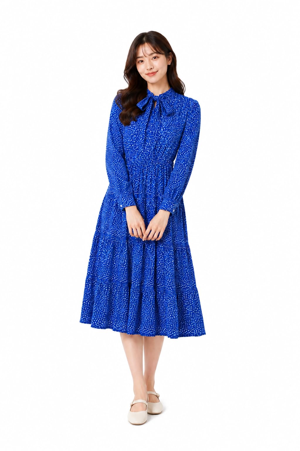grace mode Women Blue Printed Midi Dress | Full Sleeve Fit & Flare Casual Dress for Women | Stylish Tiered Dress with Waist Tie-picture-32