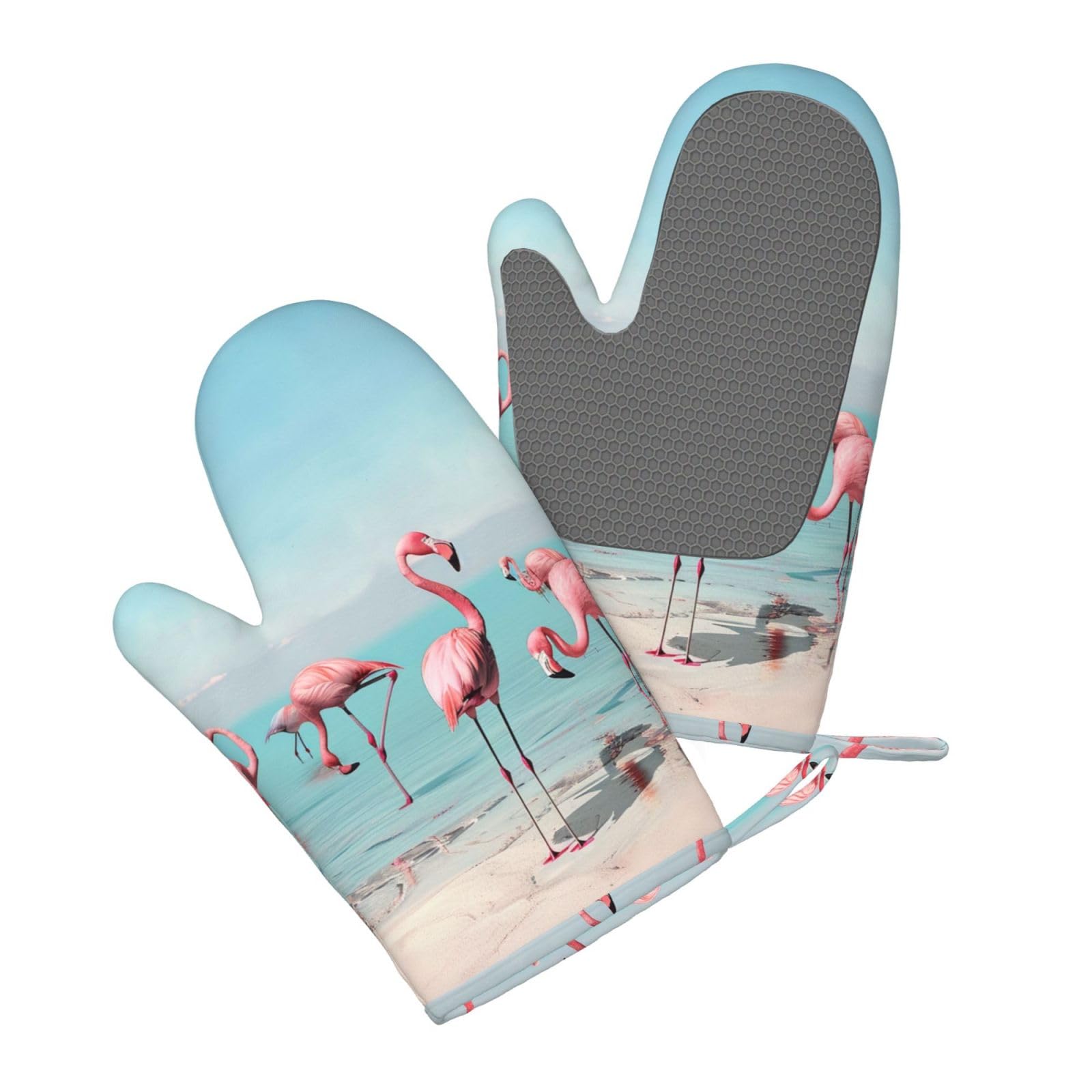 1 paire de gants de cuisine en silicone résistants à la chaleur pour cuisine et barbecue Motif flamants roses sur la plage