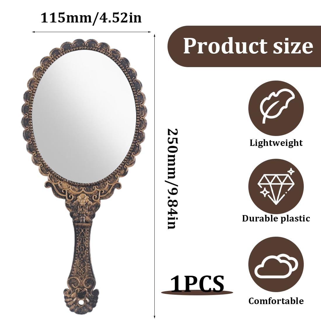 Specchio Portatile Vintage a Mano, Specchio con Manico, Specchio Portatile Professionale, con comoda maniglia, per parrucchiere, barbiere, salone di bellezza e dentista, 11,5 x 25 cm