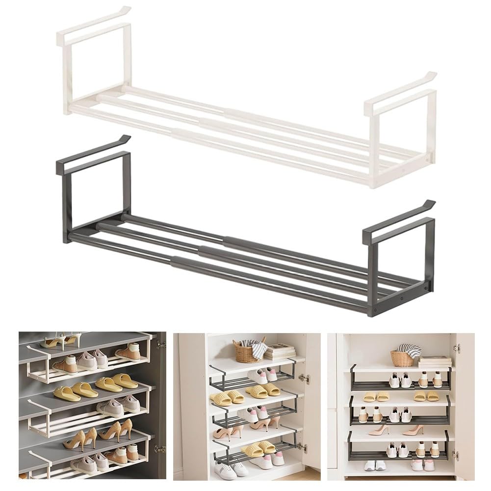 Scaffale telescopico regolabile, espandibile in acciaio al carbonio, organizer per scarpe, armadio da cucina, salvaspazio, 70 x 20 x 10 cm, bianco
