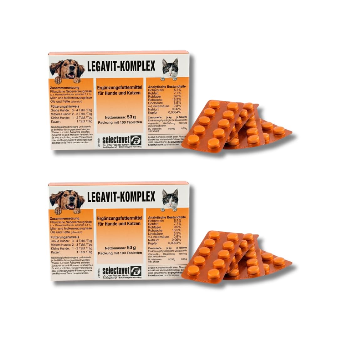 LEGAVIT-KOMPLEX | Doppelpack | 2 x 100 Tabletten | Ergänzungsfuttermittel für Hunde und Katzen | Mit Mariendistel