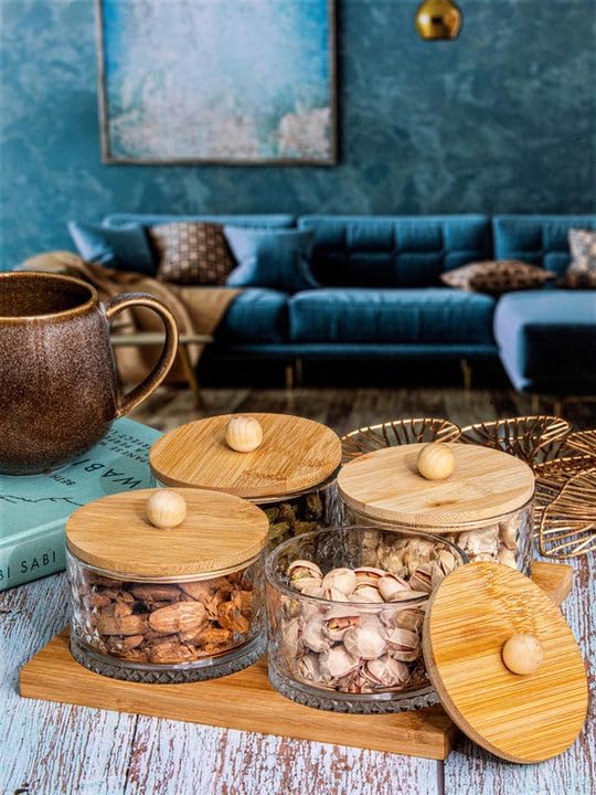 ROSEFINCH Wooden Tray with Glass Bowls and Lid Set of 4 Pc for Serving Dry Fruit,Mouth Freshener, Mukhwas,Trays for Party, Taco Dip Parties Platter Chip Bowls for Parties - (Pack of 1) 200 ml