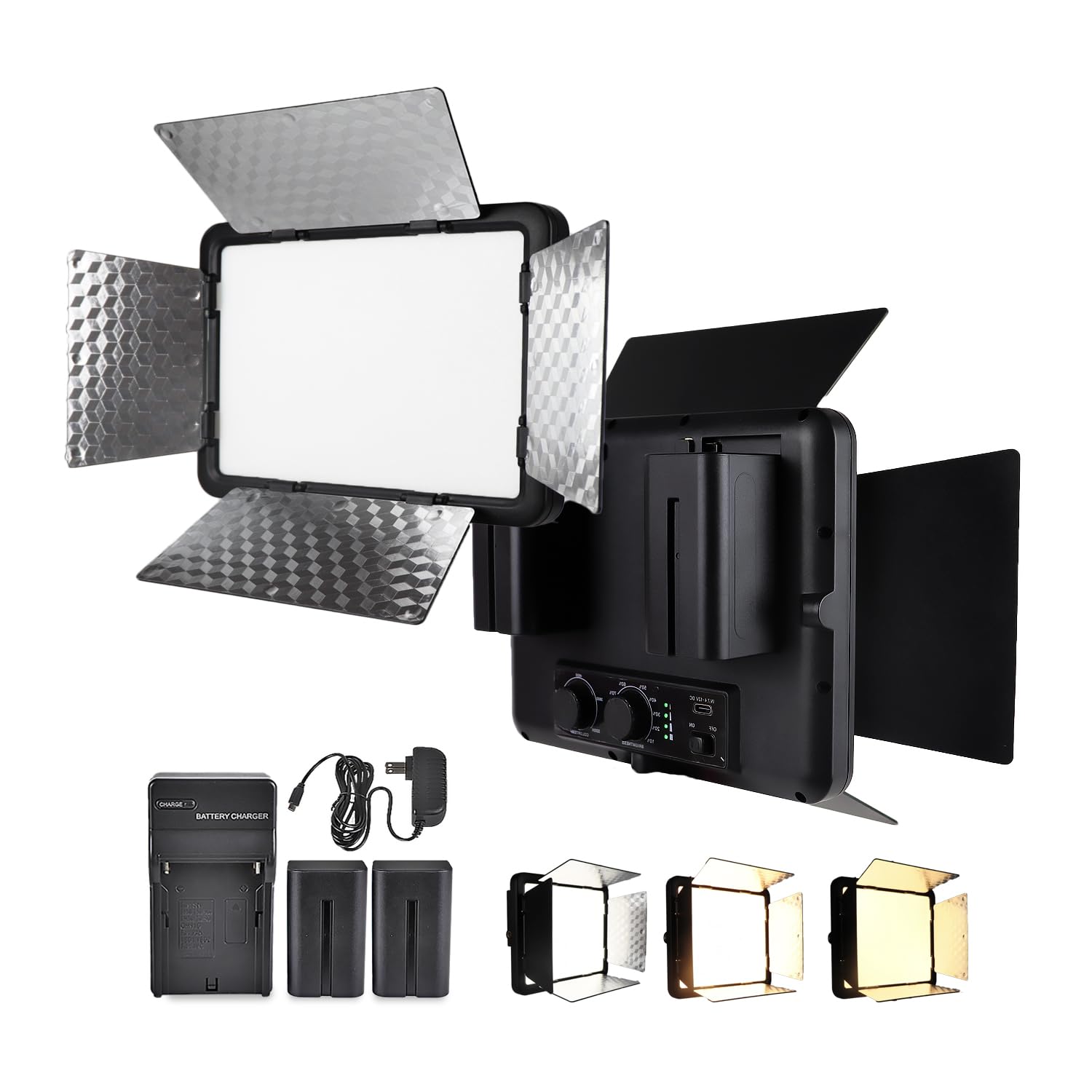 LED Video Light with Barn Door, 4400mAh Rechargeable Battery×2, 3200-6500K CRI 96+ Adjustable Panel Light for Outdoor Photography/Live Broadcast