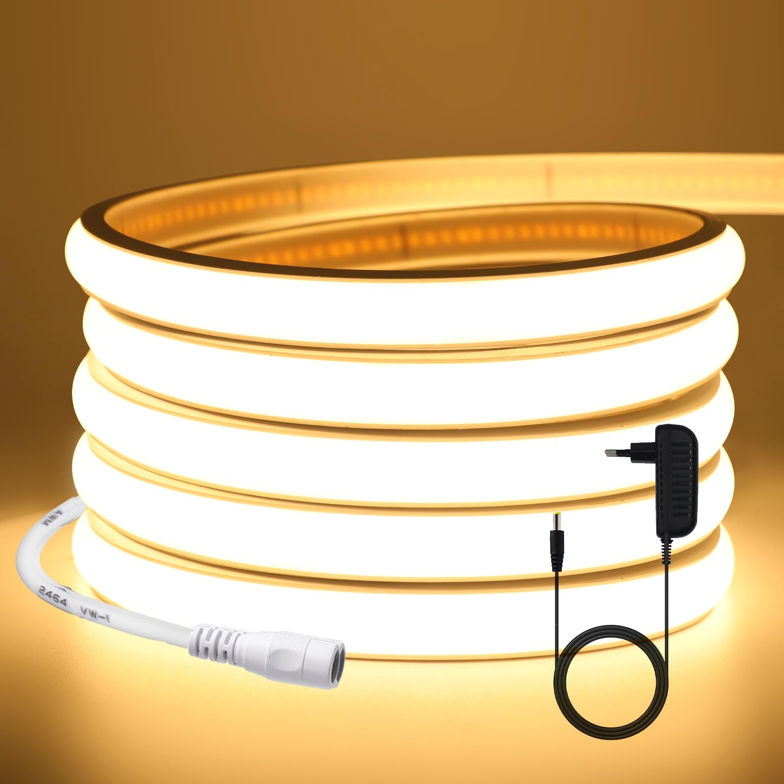 KISUFU 12V COB LED Ribbon, 320LEDs/m Light IP65 Waterproof Neon LED Strip Light mit AC Adapter for Living Room Bedroom