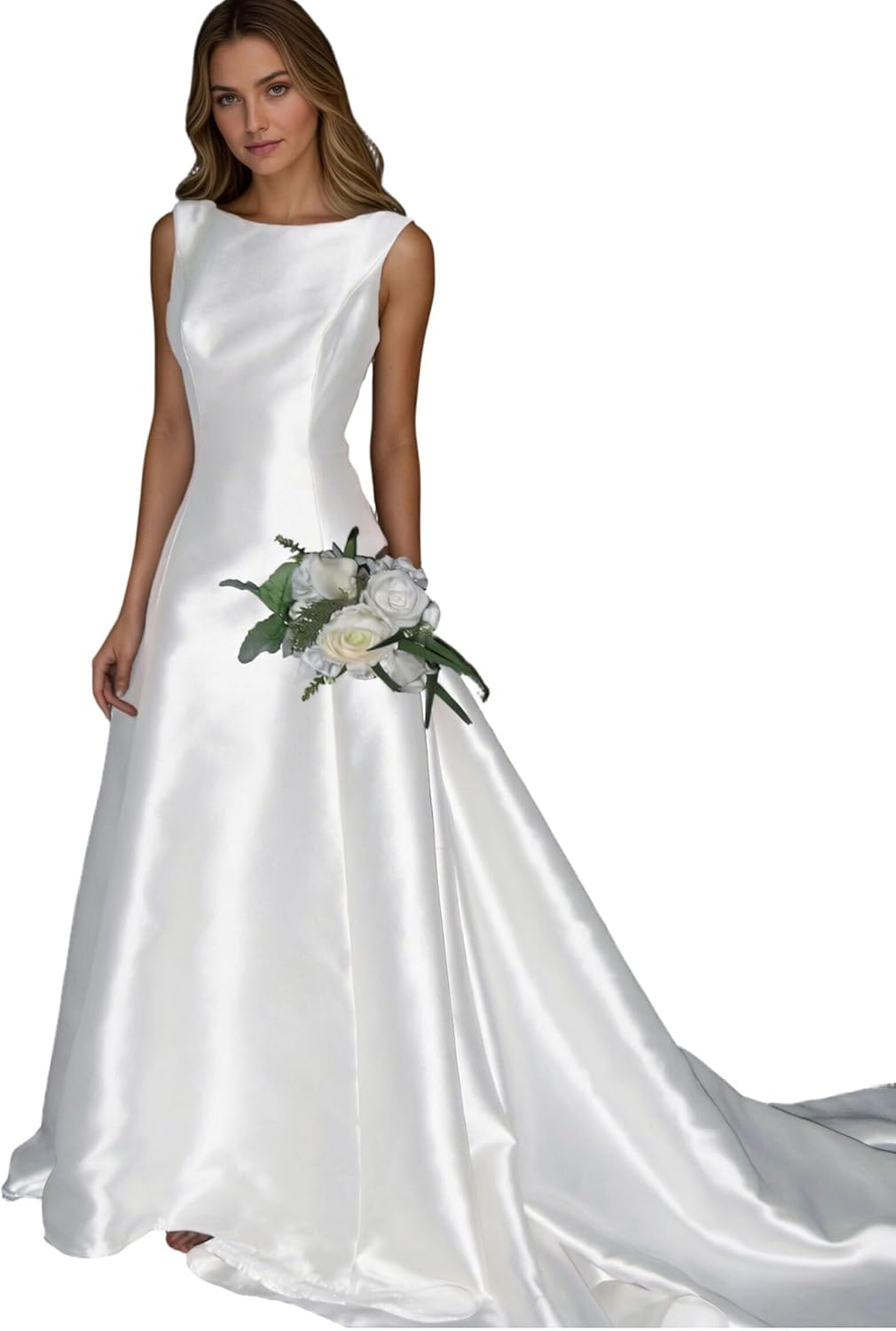 Square Neck Satin Wedding Dress for Bride Sleeveless A Line Corset Bridal Gown with Train W001