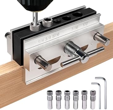 Self Centering Doweling Jig, Adjustable Width Dowel Jig for Straight Holes, Biscuit Joiner Set With 6 Drill Guide Bushings, Woodworking Drilling Guide Power Tool Accessory Jigs