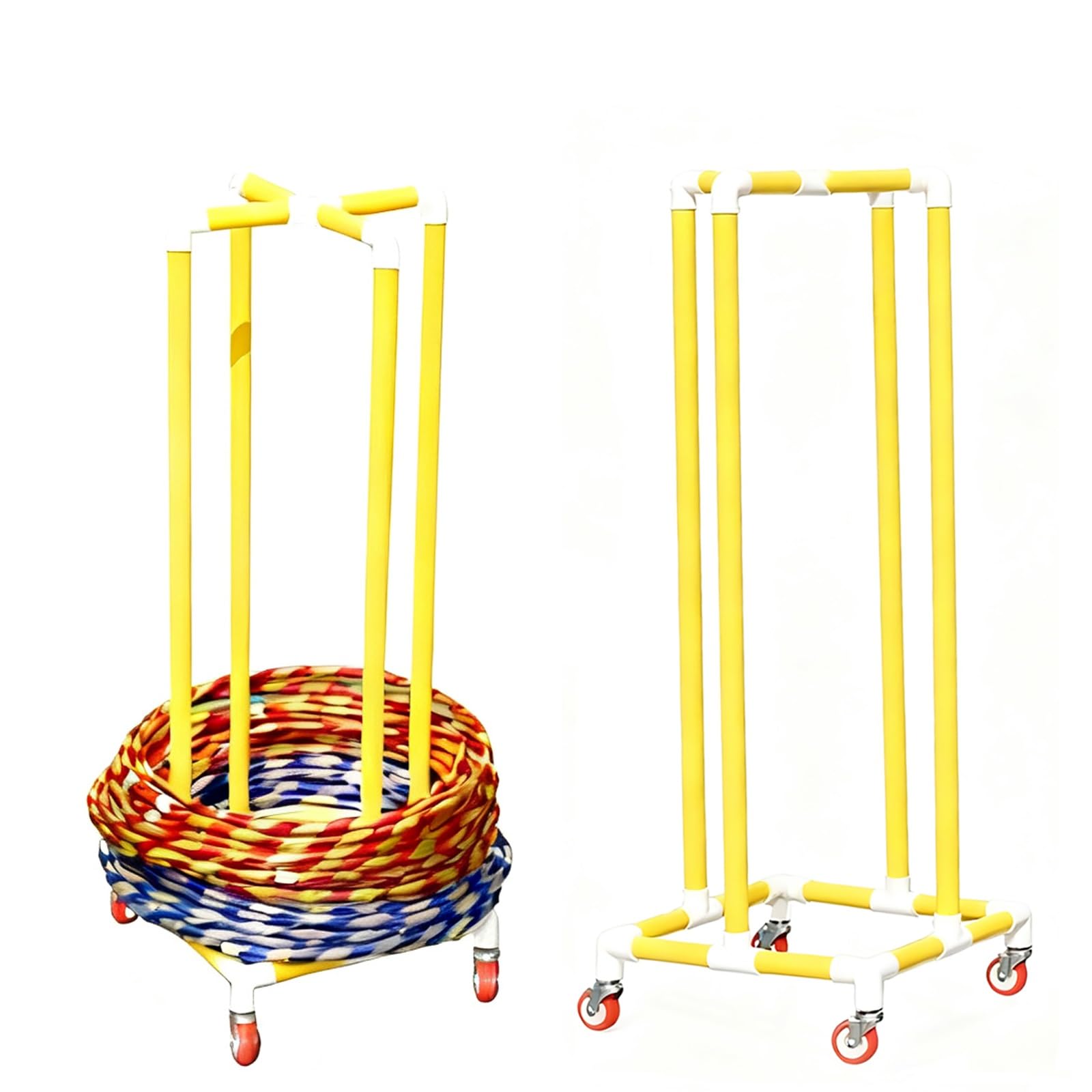 Hula Hoop Stojak na obręcz hula hop z kółkami, mobilny organizer z PVC do wewnątrz/na zewnątrz, łatwy montaż wózek na sprzęt sportowy