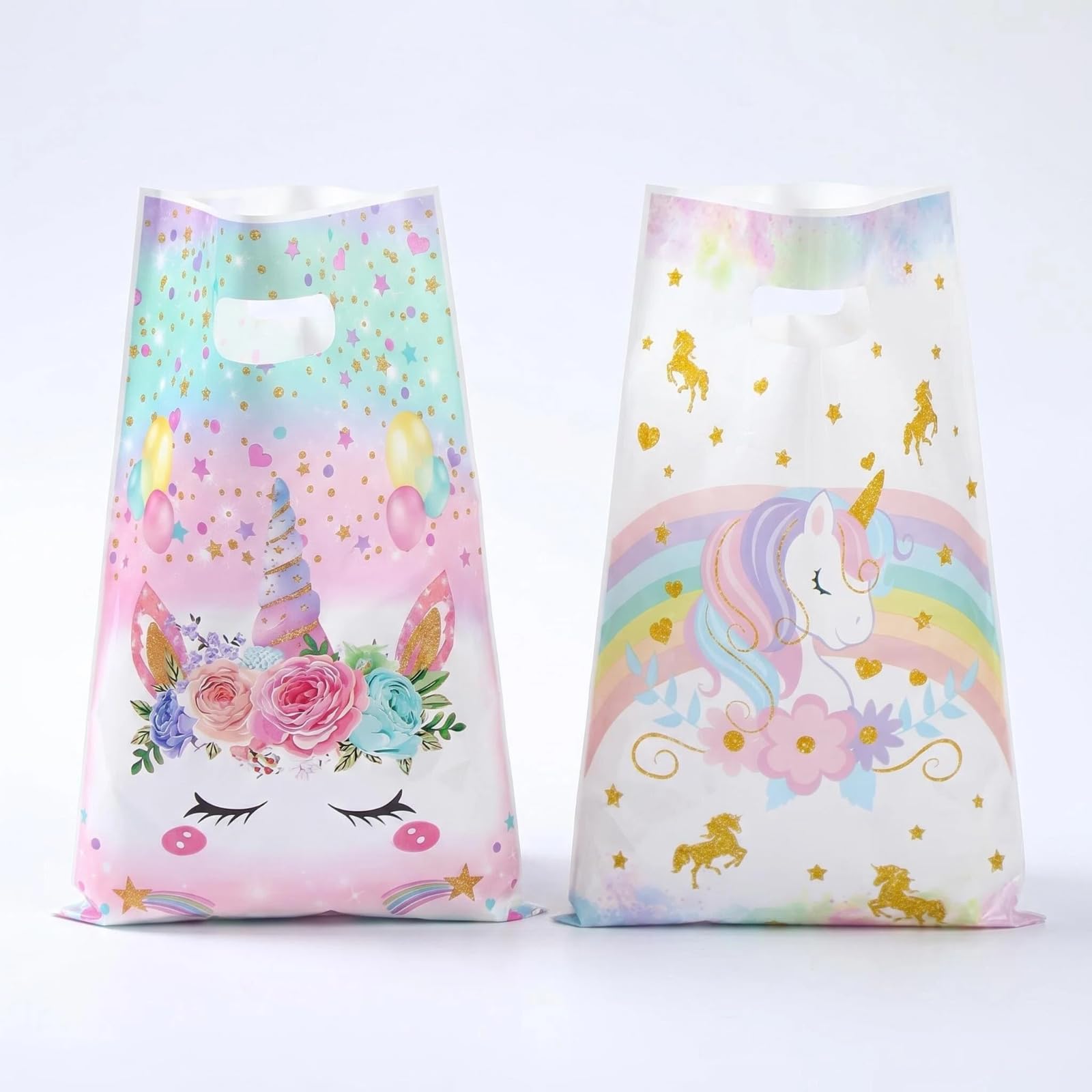 50 Pcs Unicorn Party Bags for Girls Birthday, Rainbow & Wreath Unicorn Design PE Plastic Goodie Bags, 9.8 x 6.5 Inch Treat Bags for Party Favors Candy Sweets Supplies