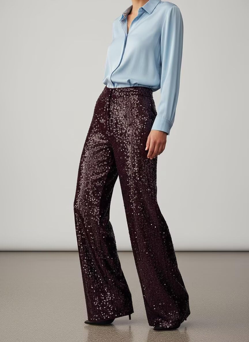 Sparkly Sequin Pants Women Wide Leg Trendy Casual Pants for Women Elastic High Waisted Glitter Prom Trousers