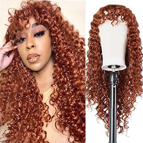 Long Curly Wig for Black Women Copper Red Wavy Curly wigs With Bangs,Natural Deep Curly Half wigs Layered Synthetic Cosplay Wigs(24inch, #350)