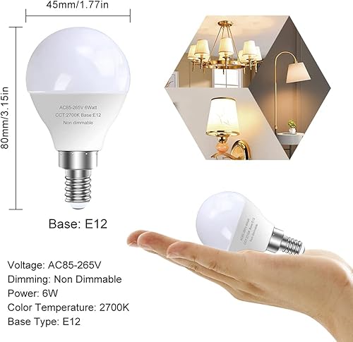 Miniatura 4 de Paquete de 6 bombillas LED E12 para candelabros, equivalente a 60 W, blanco cálido de 2700 K, bombilla de araña de 120 V, bombillas de ventilador