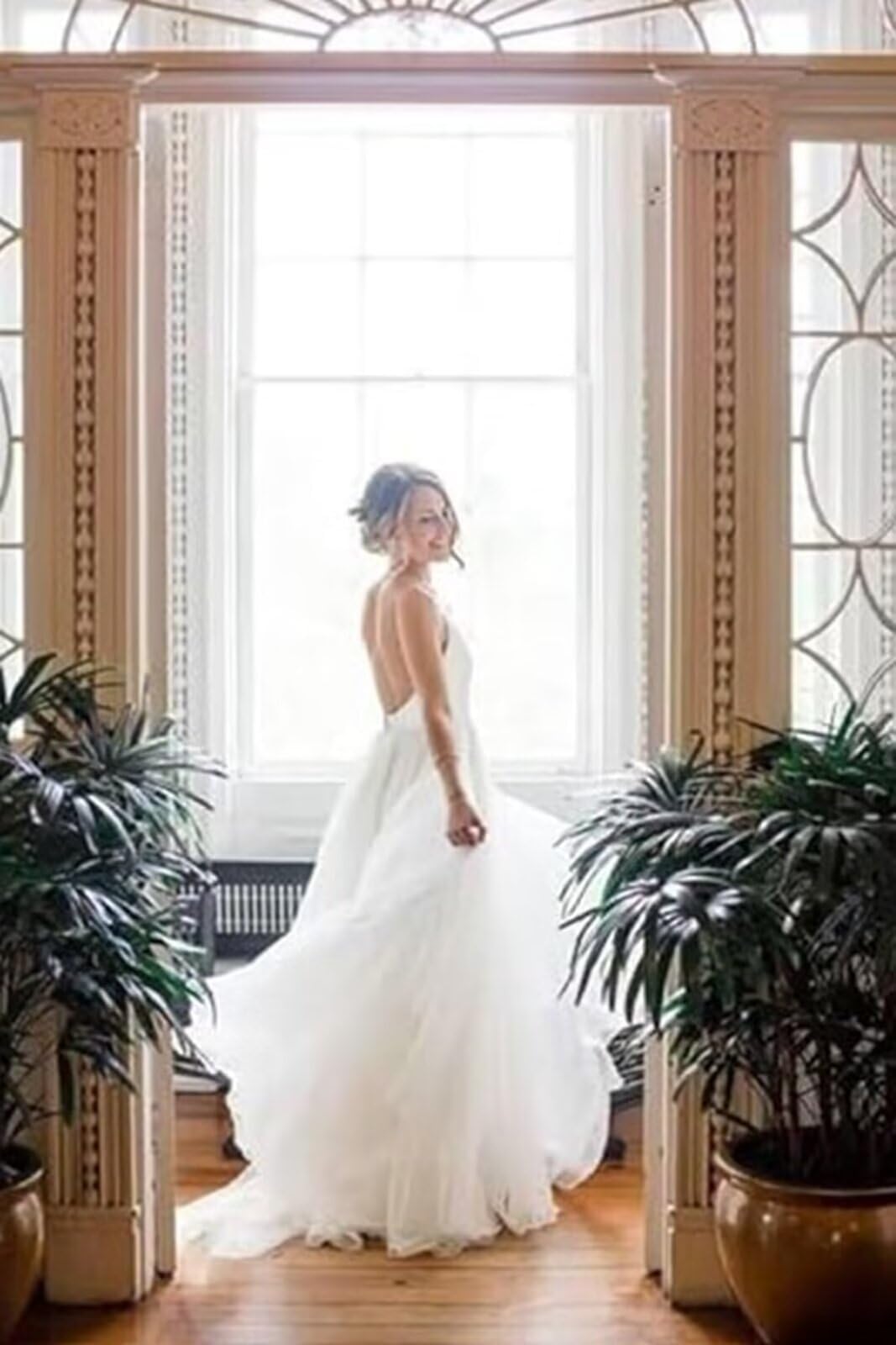 YIANN Robe de mariée en tulle pour femme - Sans manches - Longue robe de mariée plissée à bretelles spaghetti - Robe de fête de fiançailles