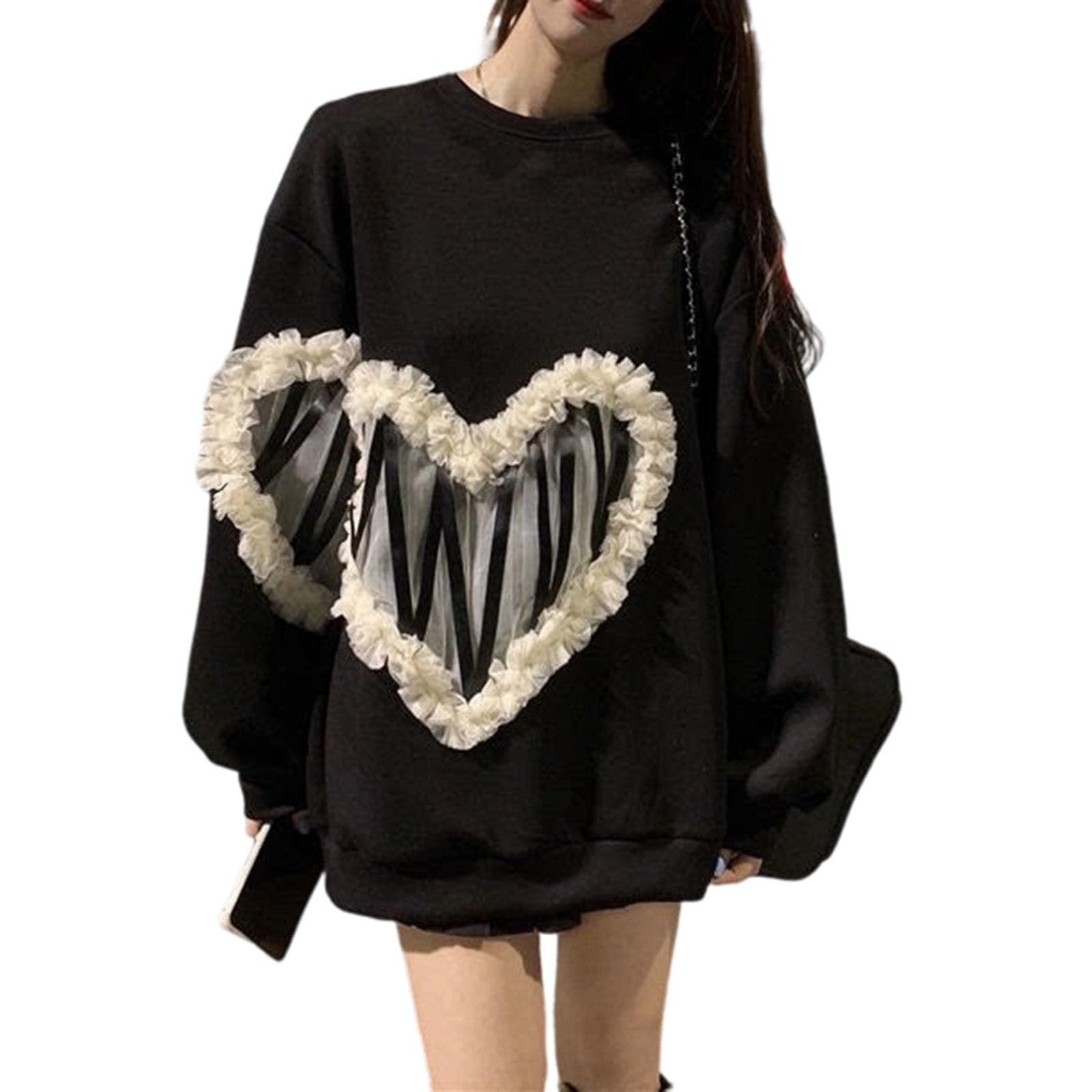 Felpa Oversize da Donna con Girocollo, Motivo a Cuore, Manica Lunga, Top Casual