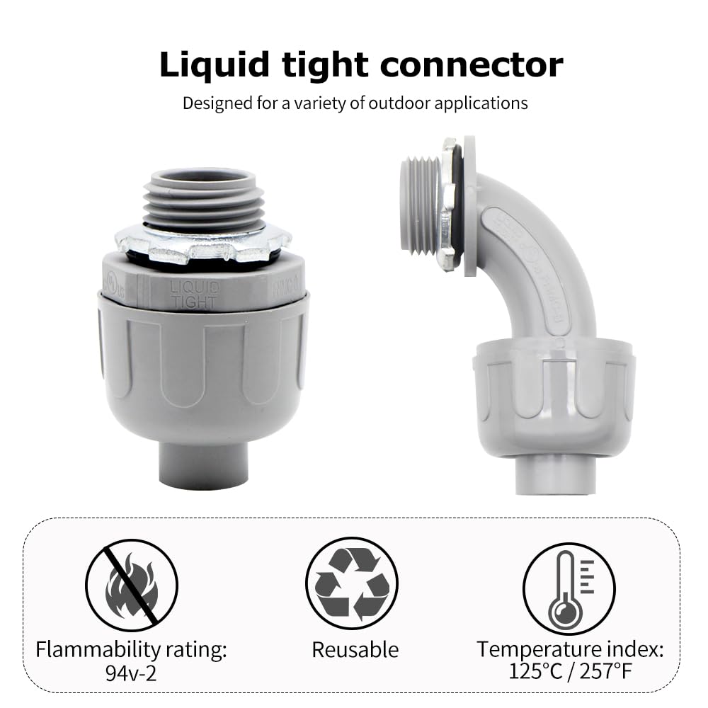 MAKERELE Paquete: 15 conectores rectos de 180° y 15 conectores herméticos de PVC de 90° con codo de 90°, certificación UL, conectores de conducto eléctrico de alta calidad para uso profesional e