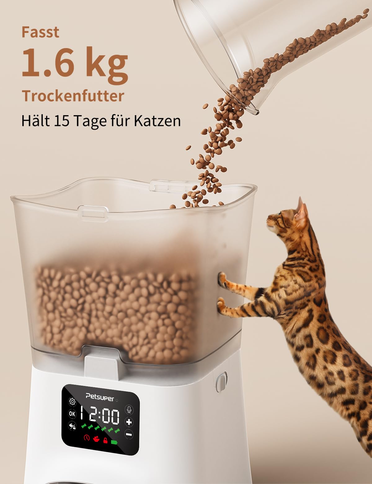 Futterautomat Katze,3L Katzenfutter Automat mit Programmierbarem Timer 1-6 Mahlzeiten pro Tag-Futterspender Hund mit Pressedeckel und 10s Aufnahmefunktion