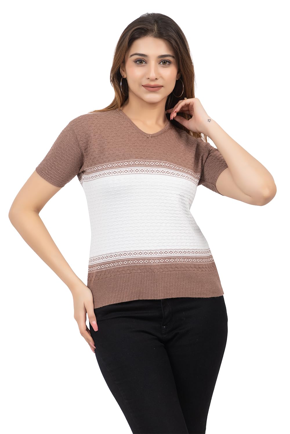 LEZAWomen's Casual Wear V-Neck Regular Fit Polycotton Colorblock T-Shirt,Top (1204)