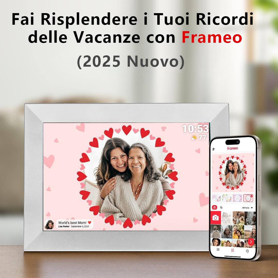 FRAMEO 32GB Cornice Digitale 10,1 Pollici WiFi, Schermo Touch IPS HD 1280x800, Presentazioni, Meteo, Teamperature, Tempo, Rotazione Automatica, Condivisione Istantanea delle Foto (Bianco)