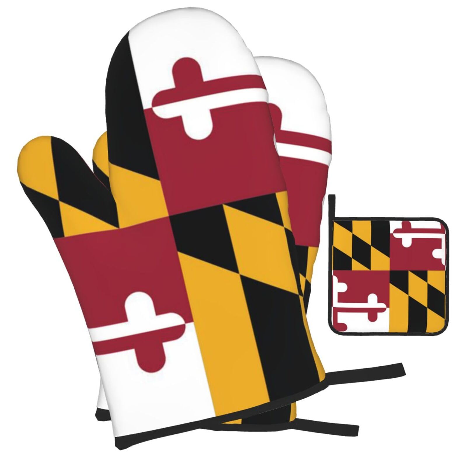 Flag of Maryland Printed Oven Mitts and Pot Holders Heat Resistant Set of 3 Pcs, Modern Kitchen Gloves & Potholders for Cooking Baking Grilling
