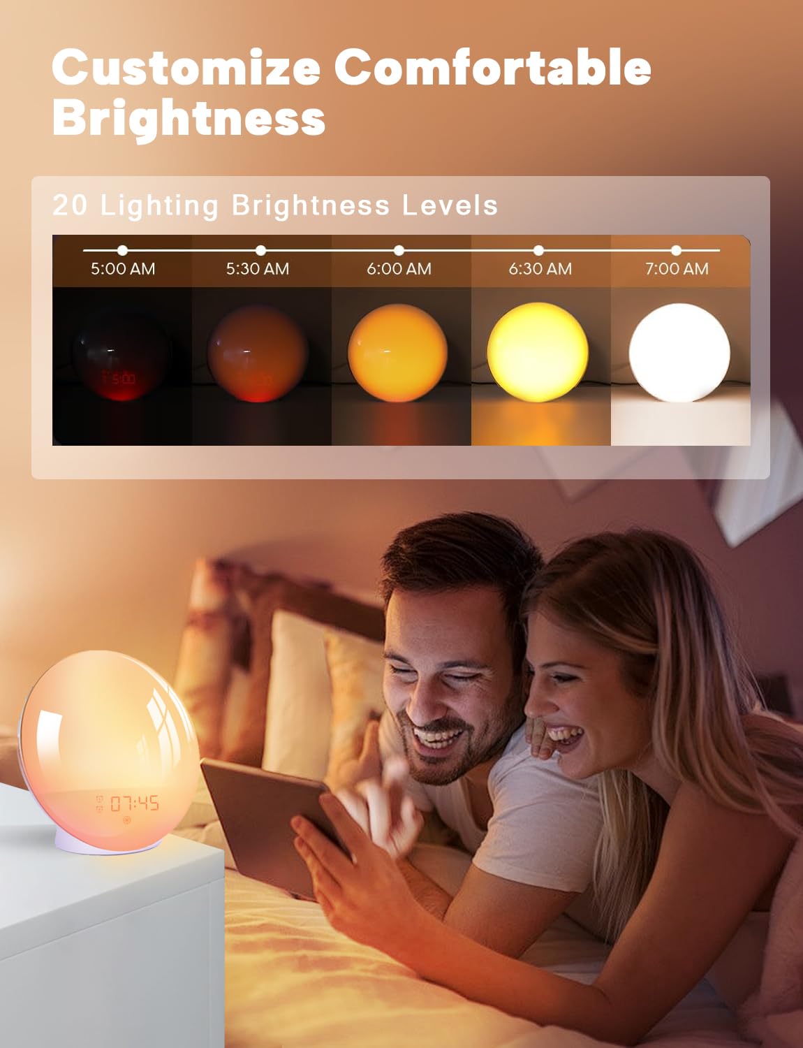 Wake Up Licht Lichtwecker Sonnenaufgang Sonnenuntergang Simulation Wecker mit zwei Alarmen, 7 natürlichen Klängen, UKW-Radio ,Schlummerfunktion und 20 Helligkeit,Nachtlicht zum Erwachsene&Kinder