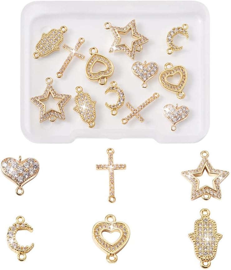 Cheriswelry 18Pcs 9 Styles Star Moon Planet Charms Real 18K Gold Plated Brass Cubic Zirconia Universe Space Pendants for DIY Necklace Bracelets Earrings Jewelry Making