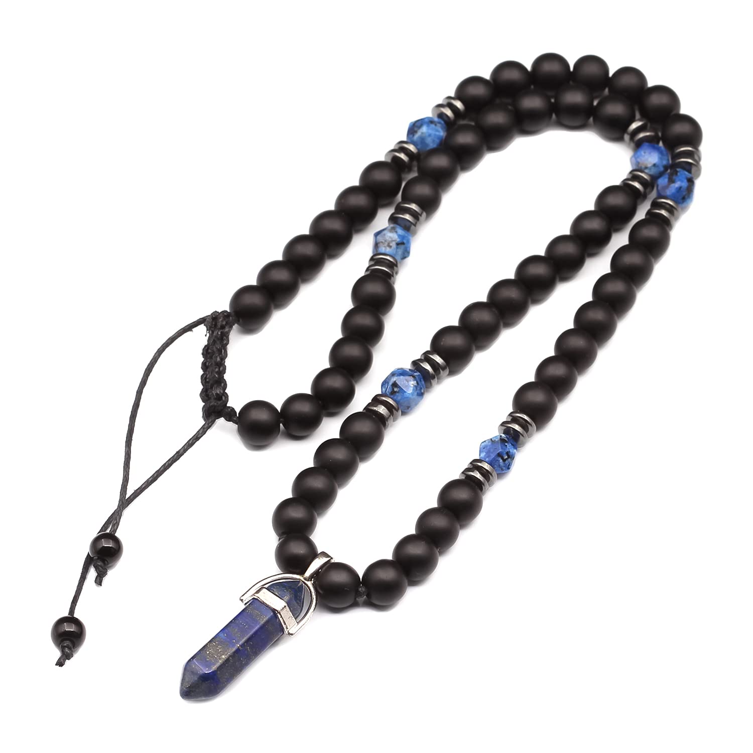 Lapis Lazuli Pendant Black Onyx Beaded Adjustable Macrame Protection Crystal Gemstone Long Necklace Christmas Gif For Him Women's