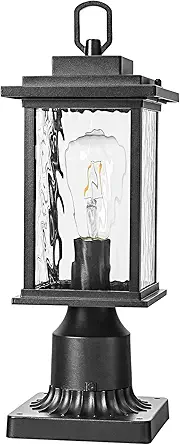 Aluminum Outdoor Post Light for Garden Lawn Backyard Pathway Entryway, Pier Mount Outdoor Lighting, Waterproof Outside Lamp Post Lights, Black Outdoor Pole Light Pillar Lantern with Glass