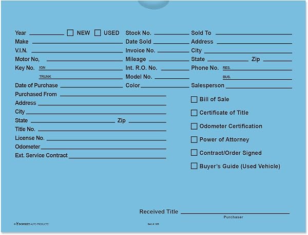 Printed Vehicle Deal Envelopes 9 inches x 12 inches Deal Jackets (100 Shrink Wrapped)