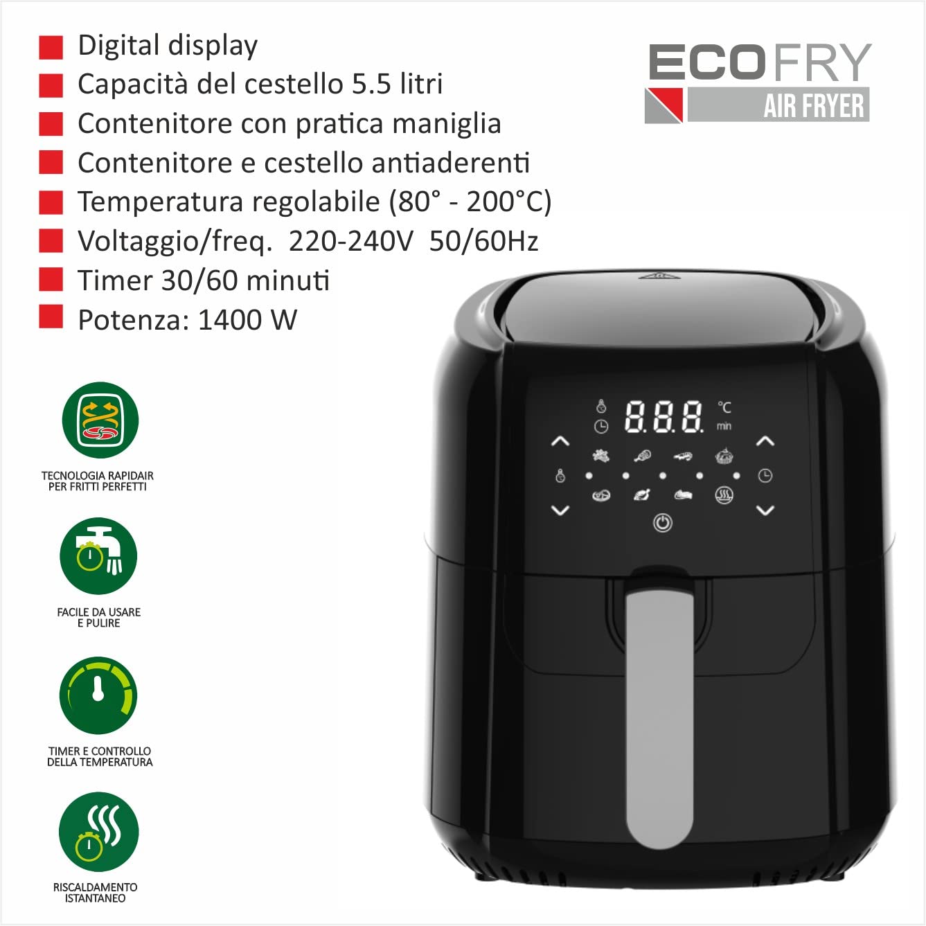 EcoFry 55L719JSN, Friggitrice ad aria calda senza olio, Nero, 5.5 L