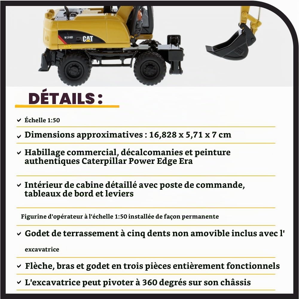 Diecast Masters 85171c - Pelle sur pneus Caterpillar M316D, échelle 1:50, env. 16,9 x 5,6 x 7 cm, dès 14 Ans, Jaune