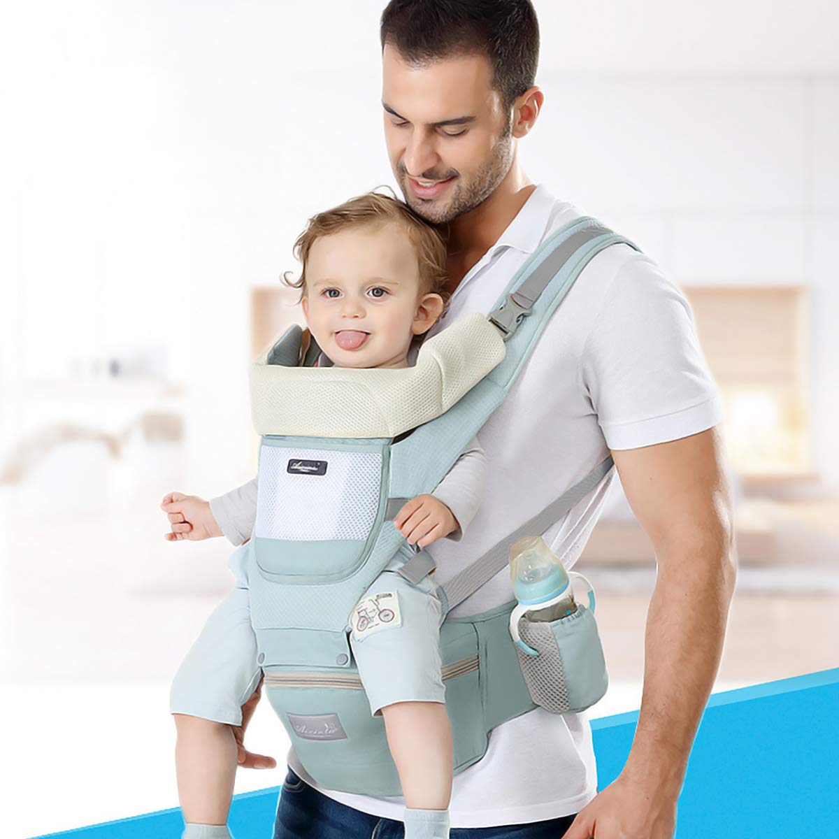 SONARIN Ergonomiczne nosidełko dla niemowląt z siedziskiem biodrowym/czysta bawełna, podparciem głowy, wielopozycyjne: grzbietowe, brzuszne, regulowane dla noworodków i dzieci w wieku 0-36 miesięcy