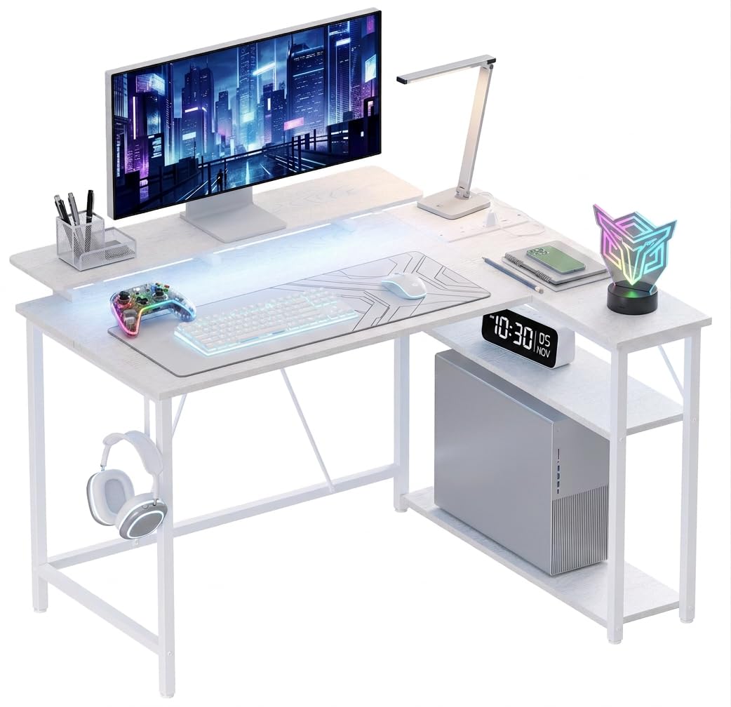 Xyphren L Shaped Gaming Desk with RGB LED Lights & Power Outlets,Corner Computer Desk with Adjustable Shelves, Small Office Desk for Study Workstation, 100x80 cm, White — image 1