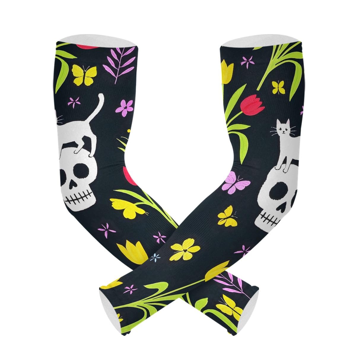 Cooling Arm Sleeves for Men Women UV Sun Protection Arm Covers Skull Cat Tulip Flower Compression Sleeves Sports Football Golf Cycling