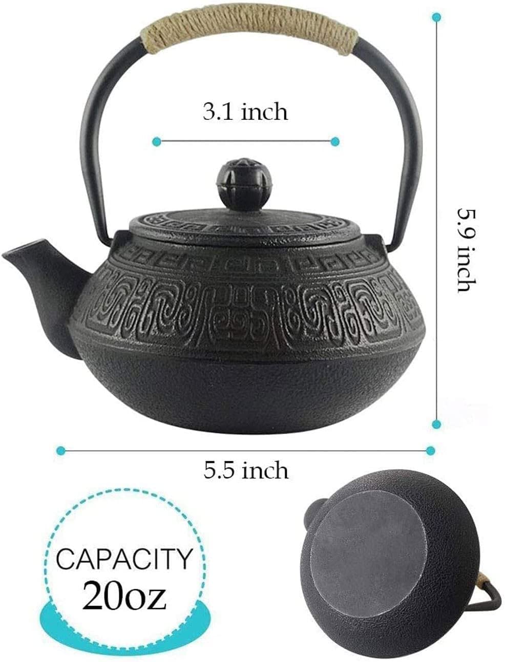Tetsubin Japonés Tetera de Hierro Fundido, Tetera de Hierro Fundido con Infusor de Acero Inoxidable para Té de Hojas Sueltas, Tetera Revestida con Interior Esmaltado, Patrón Antiguo 600ml/20oz