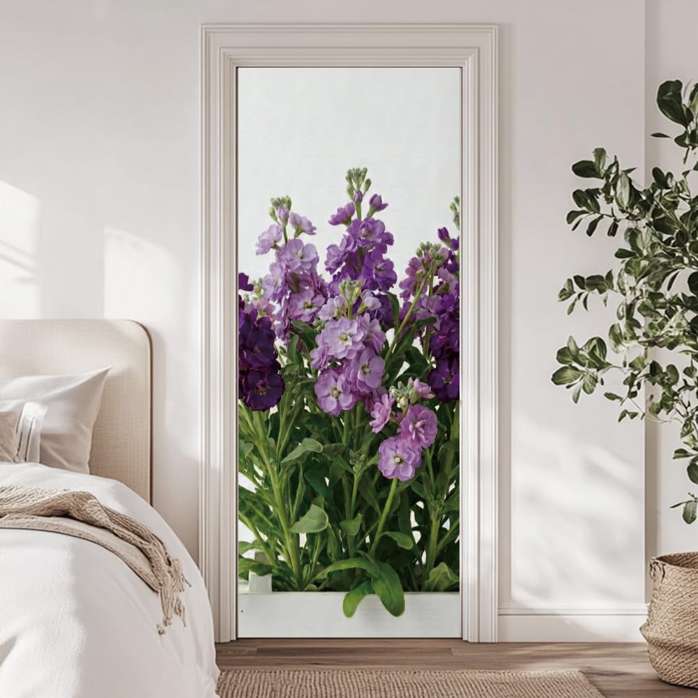 arricraft 2 Pcs 3D Self-Adhesive Door Sticker, 31.5"x78.7" Violet Flower Door Decorations Door Murals Stickers PVC Removable Wallpaper Decoration for Bedrooms ​Living Room