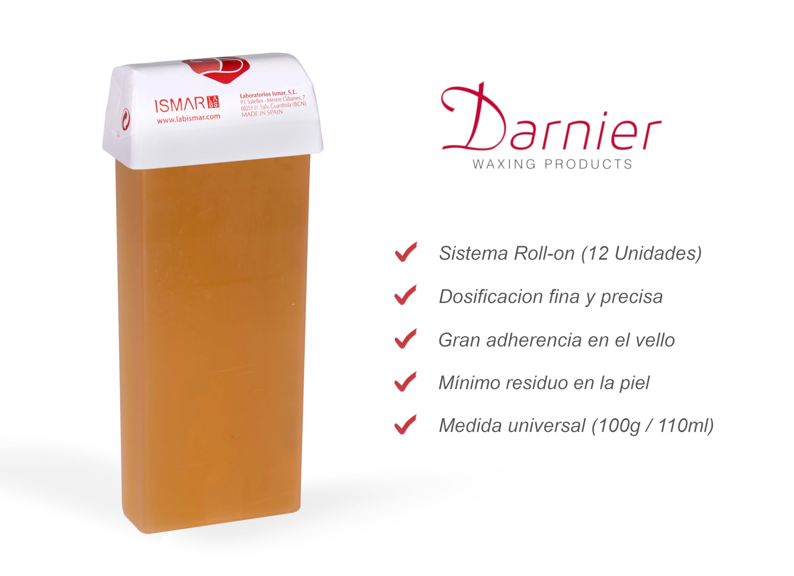 DARNIER. Cera depilatoria tibia ROLL-ON. Pack 12 unidades, cartuchos de 110ml (100gr.), NATURAL. Depilacion con bandas. Recambio UNIVERSAL.