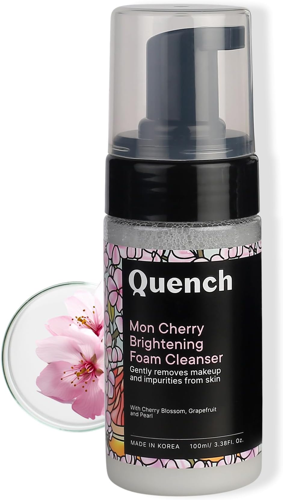QUENCH BOTANICS Quench Brightening Foam Cleanser with Cherry Blossom Radiance | Korean Face Wash for Glowing Skin | Removes Makeup, Dirt & Impurities | Brightens Dull Skin | Made in Korea (100ml)