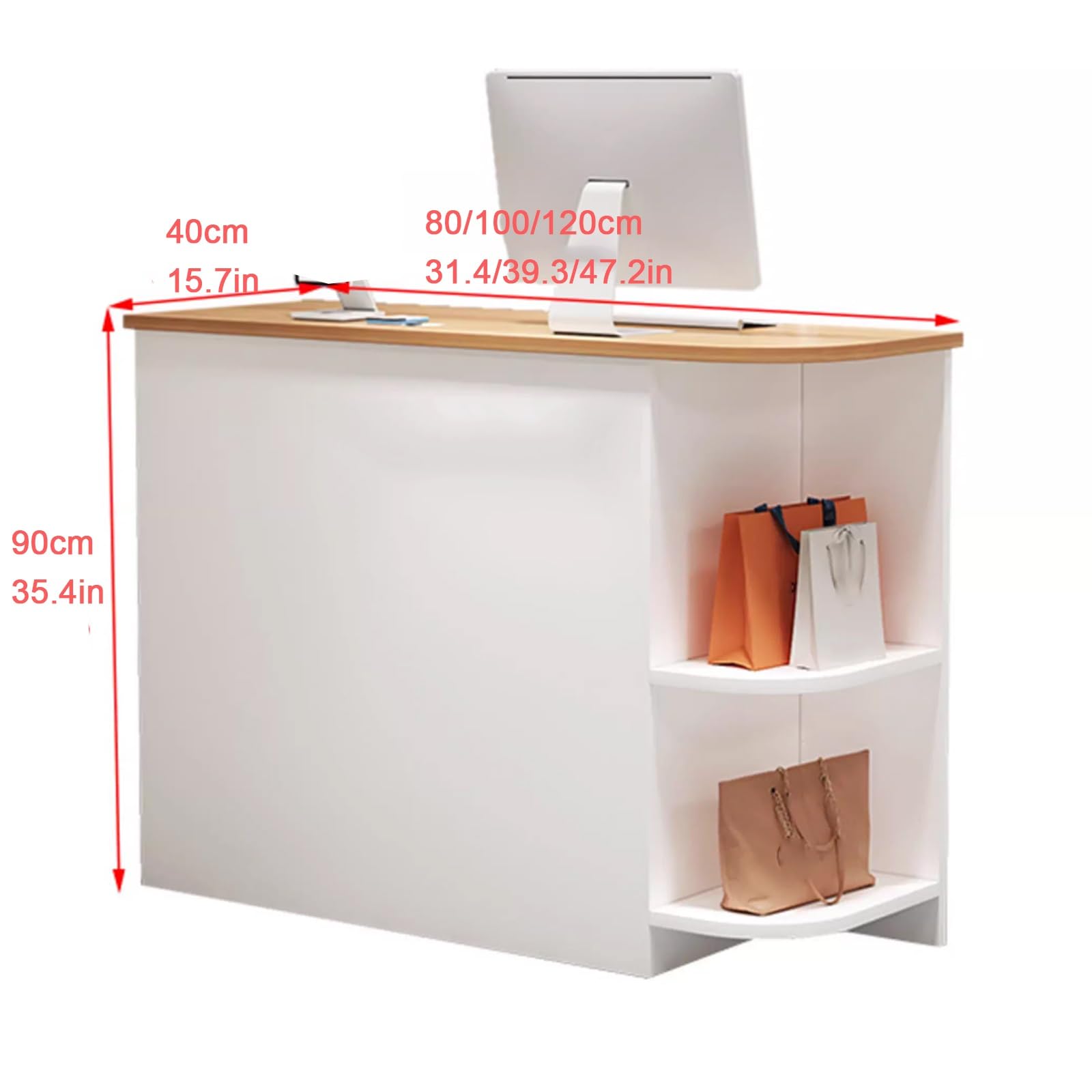 Kleiner Kassentisch mit abschließbarer Schublade und offenen Regalen, kompakter Bürotisch und Salon-Empfangstisch, 99,8 x 39,9 x 89,9 cm, Weiß