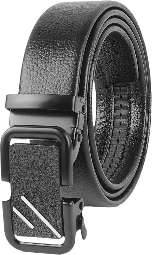 Image of Men's Leather Belt with Automatic Buckle, Black, Ratchet Design, Business Casual Style