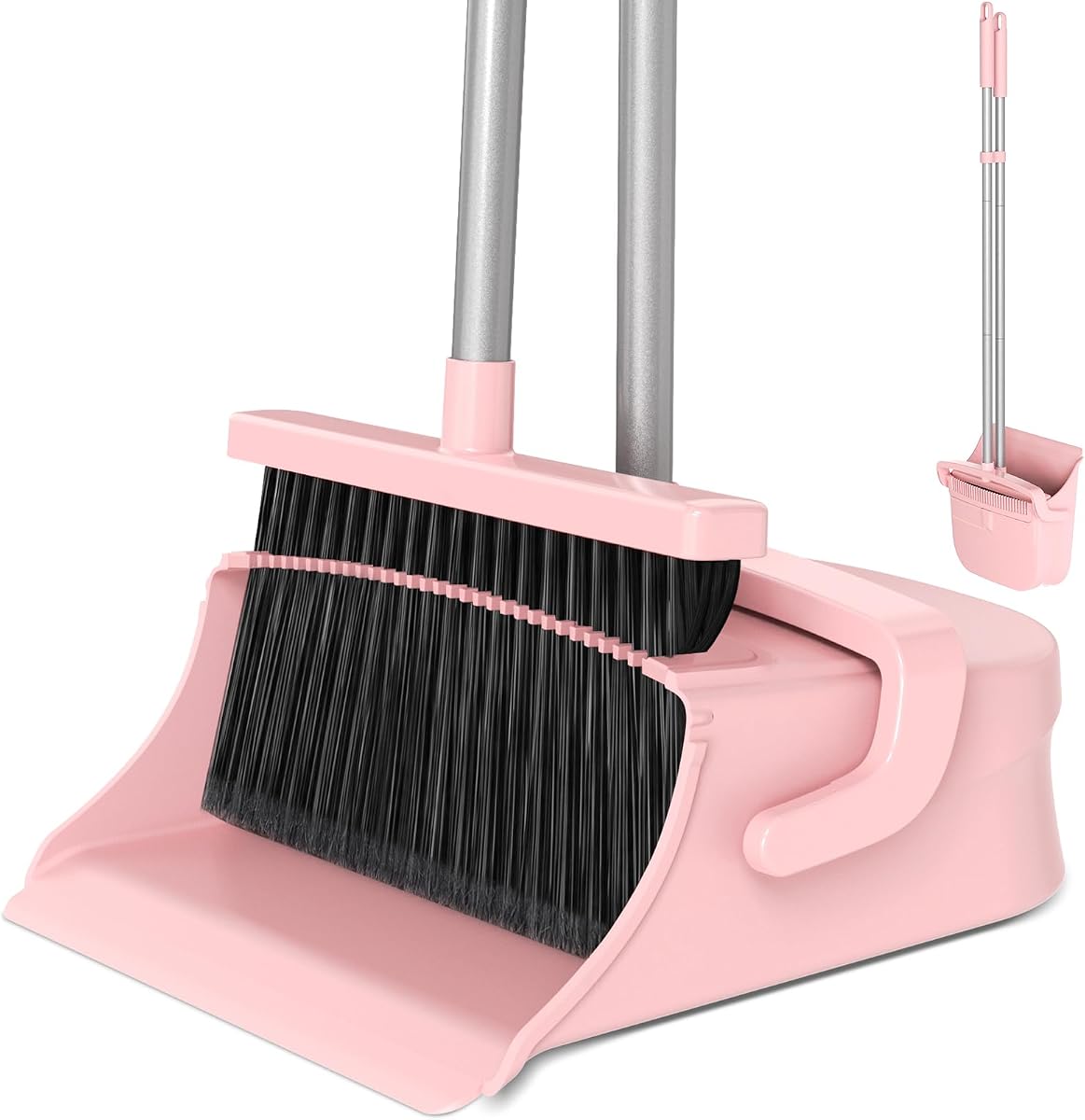 Broom with Dustpan Set for Pet Hair & Dust Cleanup, Pink | Long Handle Upright Standing Self-Cleaning Broom and Dustpan Set for Indoor Outdoor Use for Home, Kitchen, Office