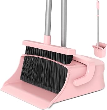 Broom with Dustpan Set for Pet Hair & Dust Cleanup, Pink