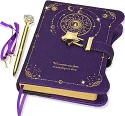 Diário com cadeado e chaves para meninas, ideias de presente, diário de 360 páginas Kraft para mulheres, caderno recarregável B6 para escrever com caneta e marcador de página (Astro Purple)