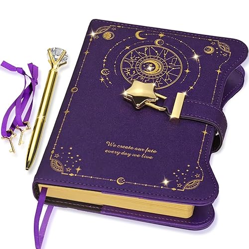 Hoci Poci Diary with Lock and Keys for Girls Gift Ideas, 360 Kraft Pages Journal for Women, B6 Refillable Notebook for Writing with Pen and Bookmark (Astro Purple) - Purple Fog - Astro
