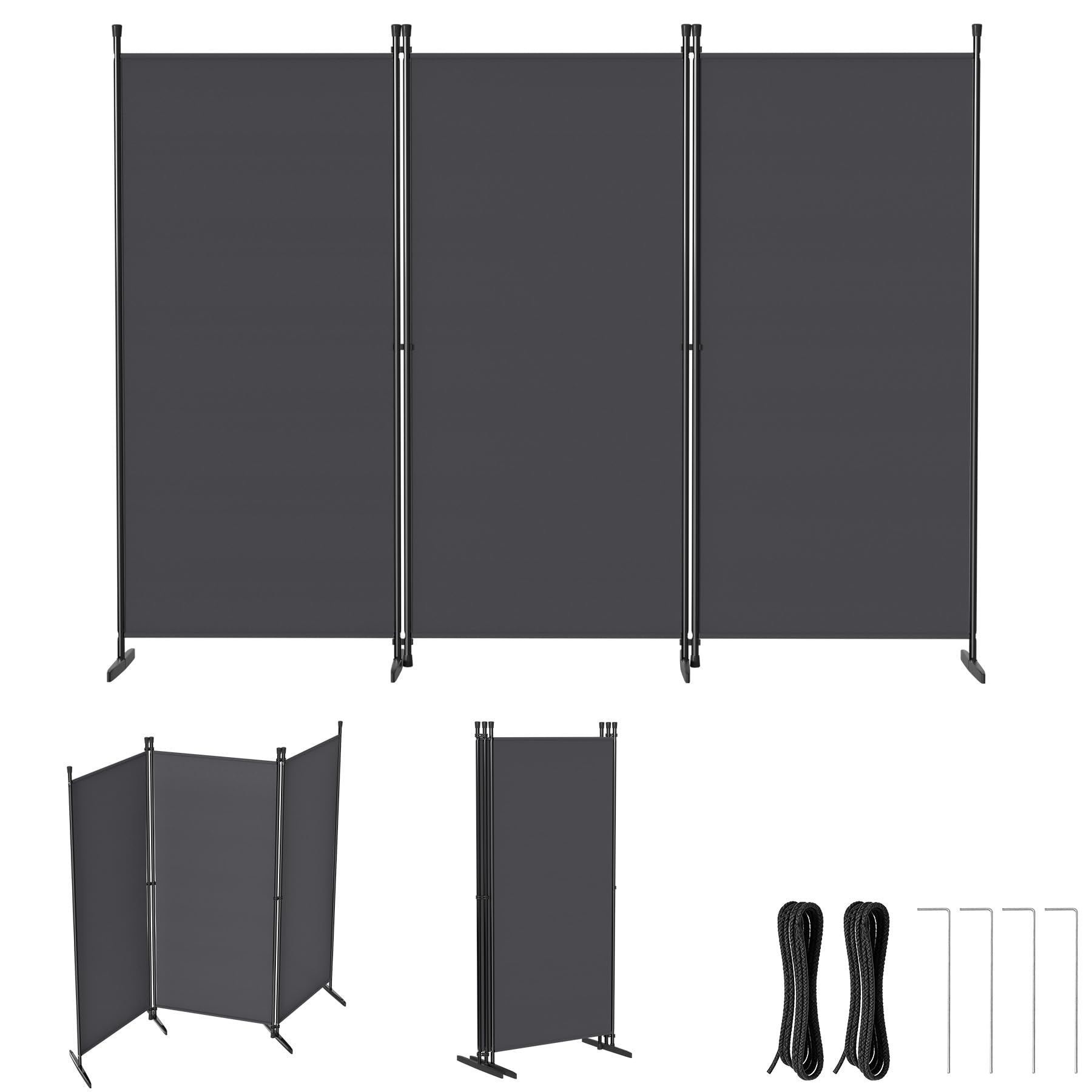 Froadp Paravent Raumteiler 3 Teilig 240x180cm Faltbarer Raumtrenner Flexible Stellwand Sichtschutz mit Erdnägeln und Seilen Freistehend Trennwand für Wohnzimmer Büros Balkon Garten, Dunkelgrau