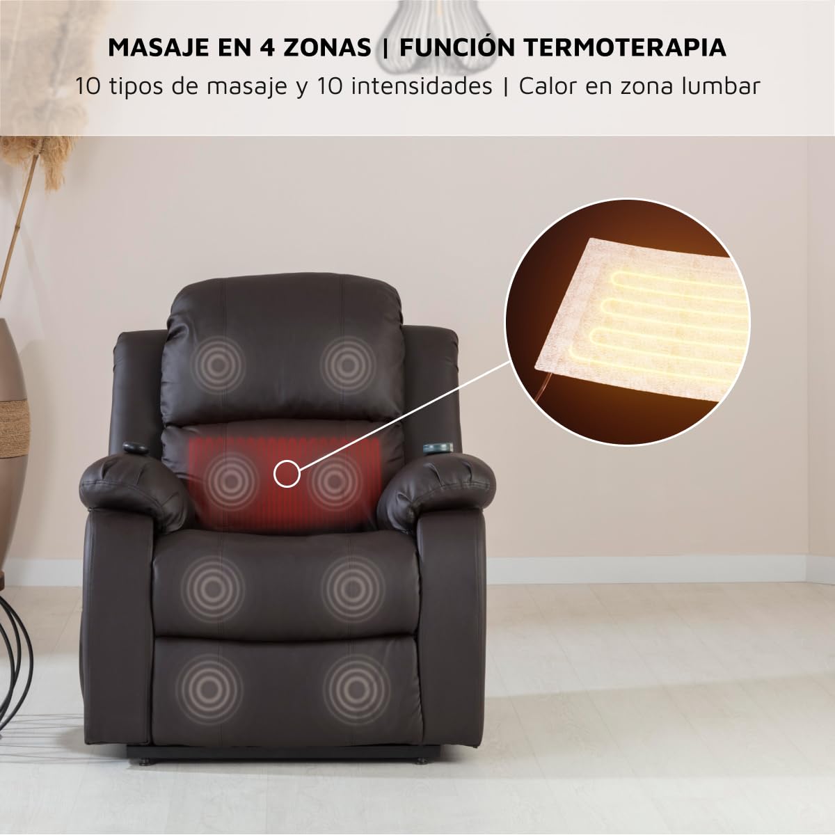 ZZ DON DESCANSO - Sillón Relax Reclinable Eléctrico Levanta Personas Trevi Choco, Reclinación 160º, 10 Programas, Temporizador, Calor Lumbar. Sillón Masaje 4 Zonas de Eco Piel PU. Incluye 2 Mandos