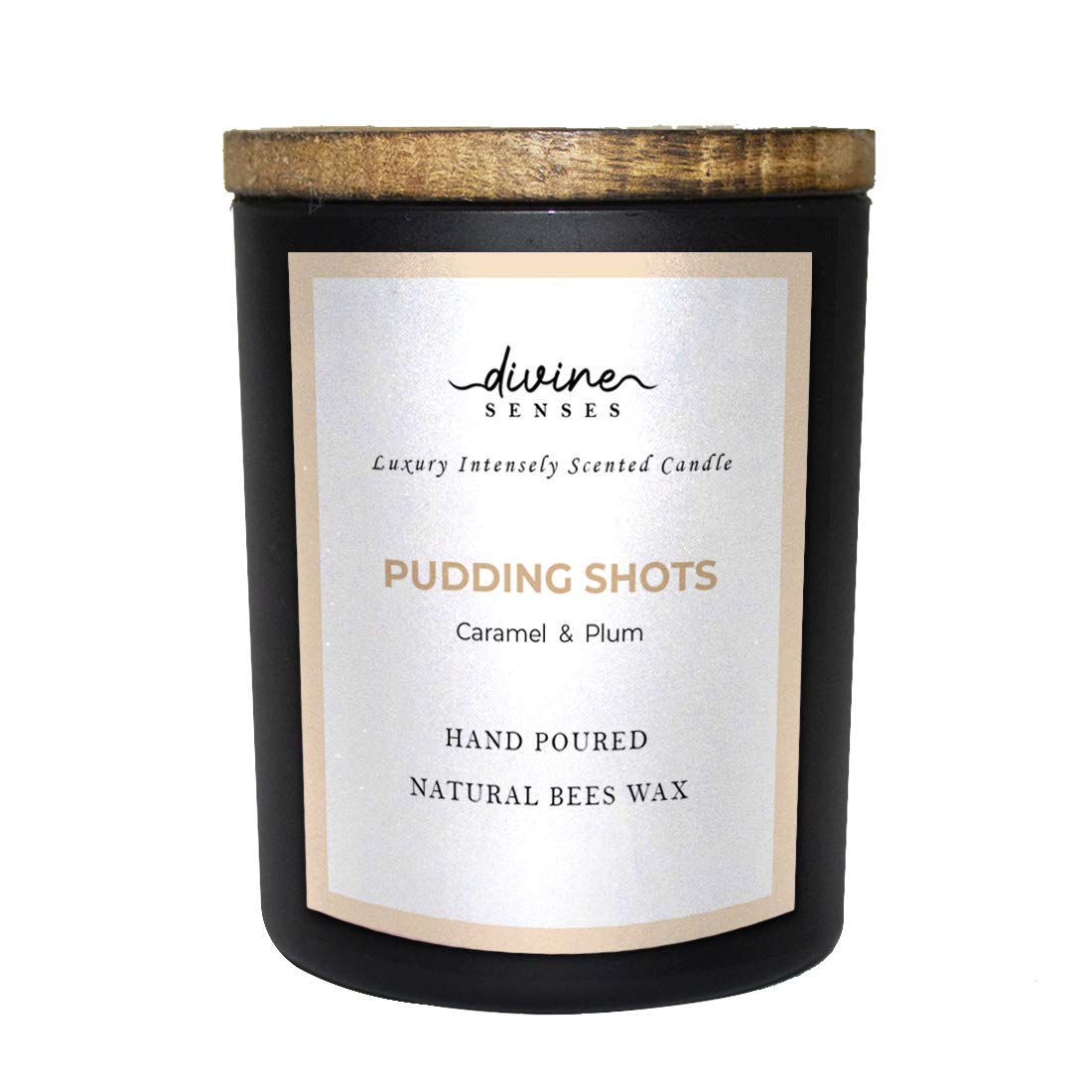 Divine Senses Natural Caramel & Plum Matte Black Glass Jar Scented Candle | 40 Hours Burning Time | Natural Beeswax 3