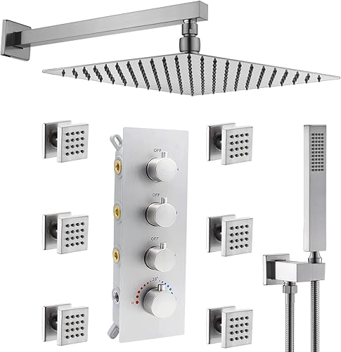 Sistema de ducha de níquel brusado con chorros corporales, cabezal cuadrado de lluvia montado en la pared de 12 pulgadas con mano, flujo grande,