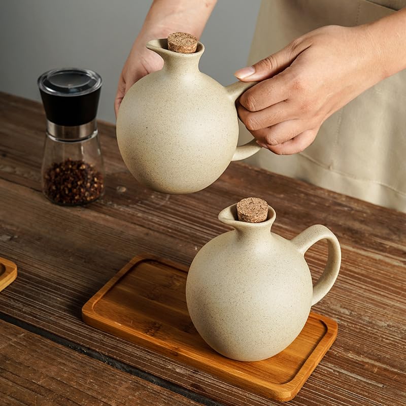 Ölspender-Flaschen-Set aus Keramik mit Korkverschluss und Tablett, 500 ml, kein Tropfen, für Küche, Öl- und Essigaufbewahrung