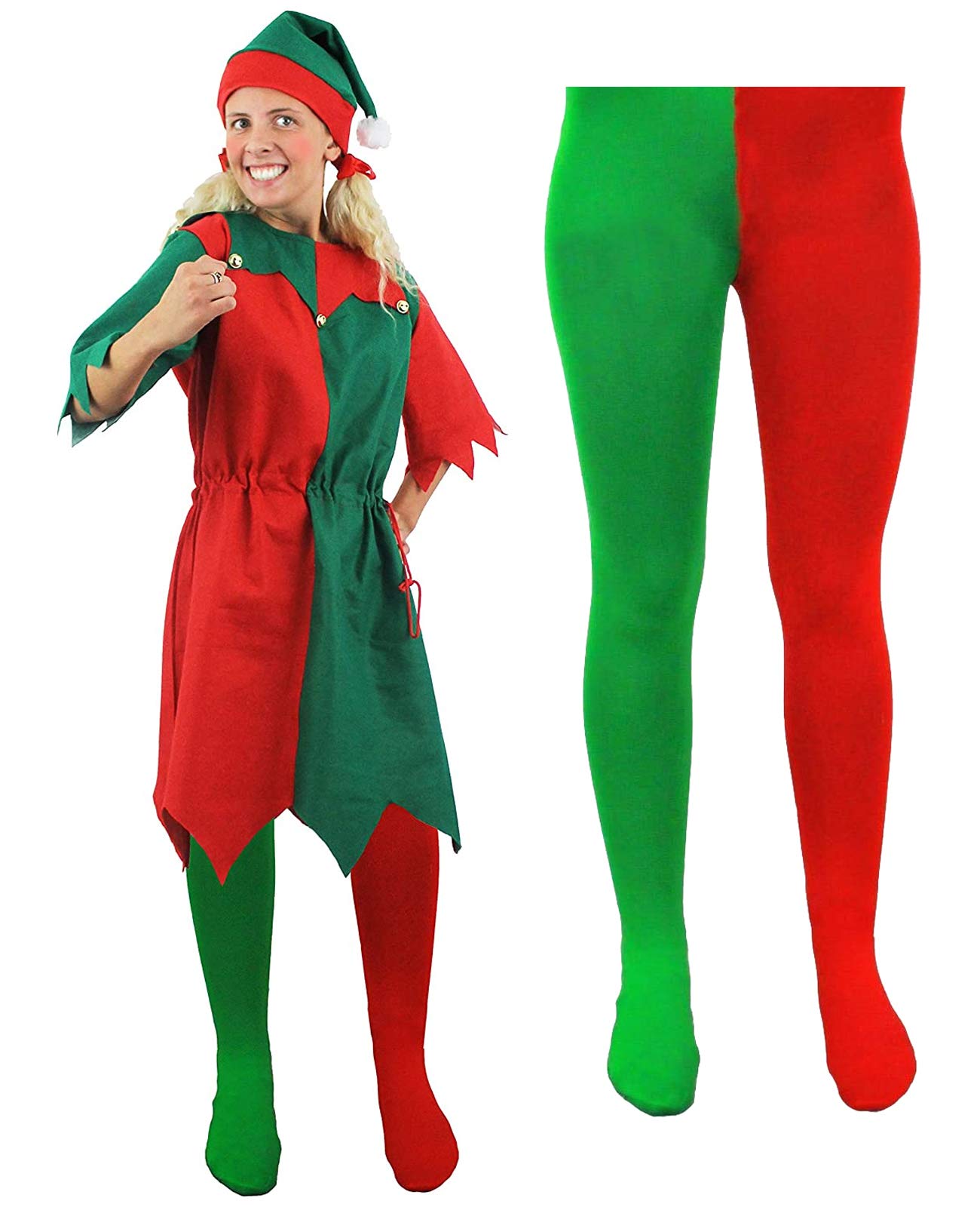 Men's & Women's Cheeky Elf Fancy Dress Costume - Christmas Outfit in Red & Green With Jingle Bells, Tights, and Hat (X-Small)